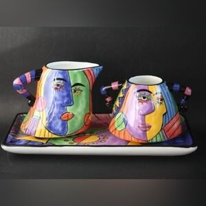 Vintage Muzeum Cream and Sugar on Tray Set Picasso Style Surrealism Colourful